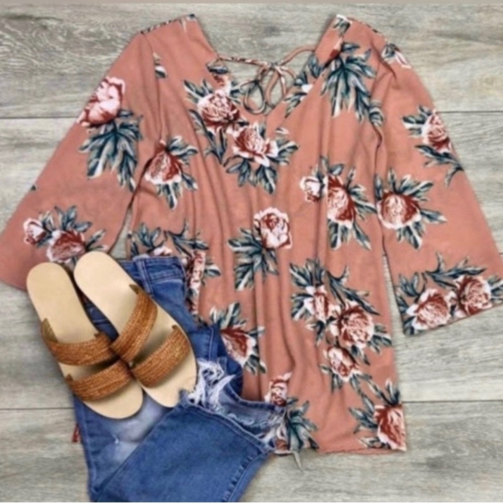 A La Tzarina Floral V Neck Blouse 3/4 Sleeve Pink Kimono Top Medium NWT